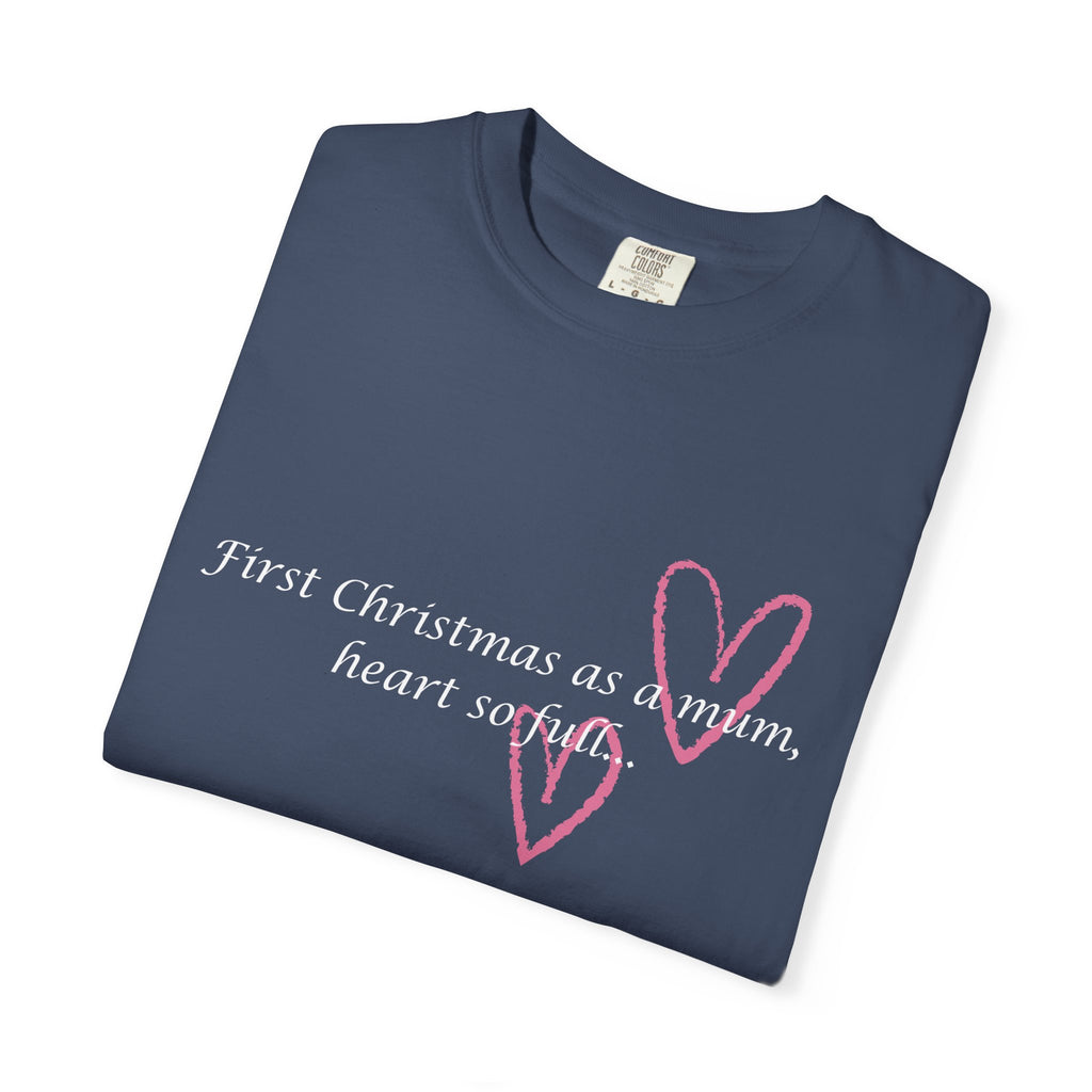 Navy heart slogan T-shirt, folded view, with pink heart and script text on front.