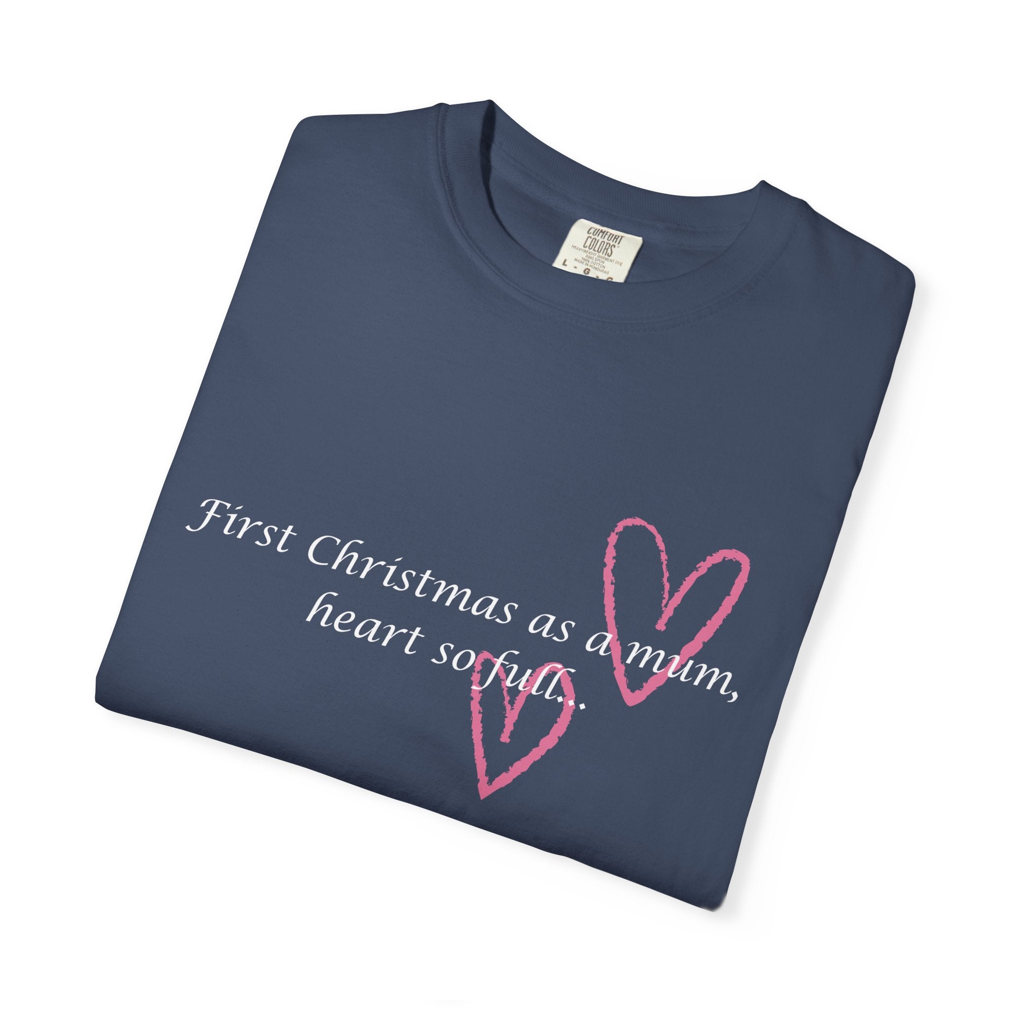 Navy heart slogan T-shirt, folded view, with pink heart and script text on front.
