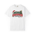 White crew-neck Christmas T-shirt with “Merry Christmas” graphic and festive ornaments