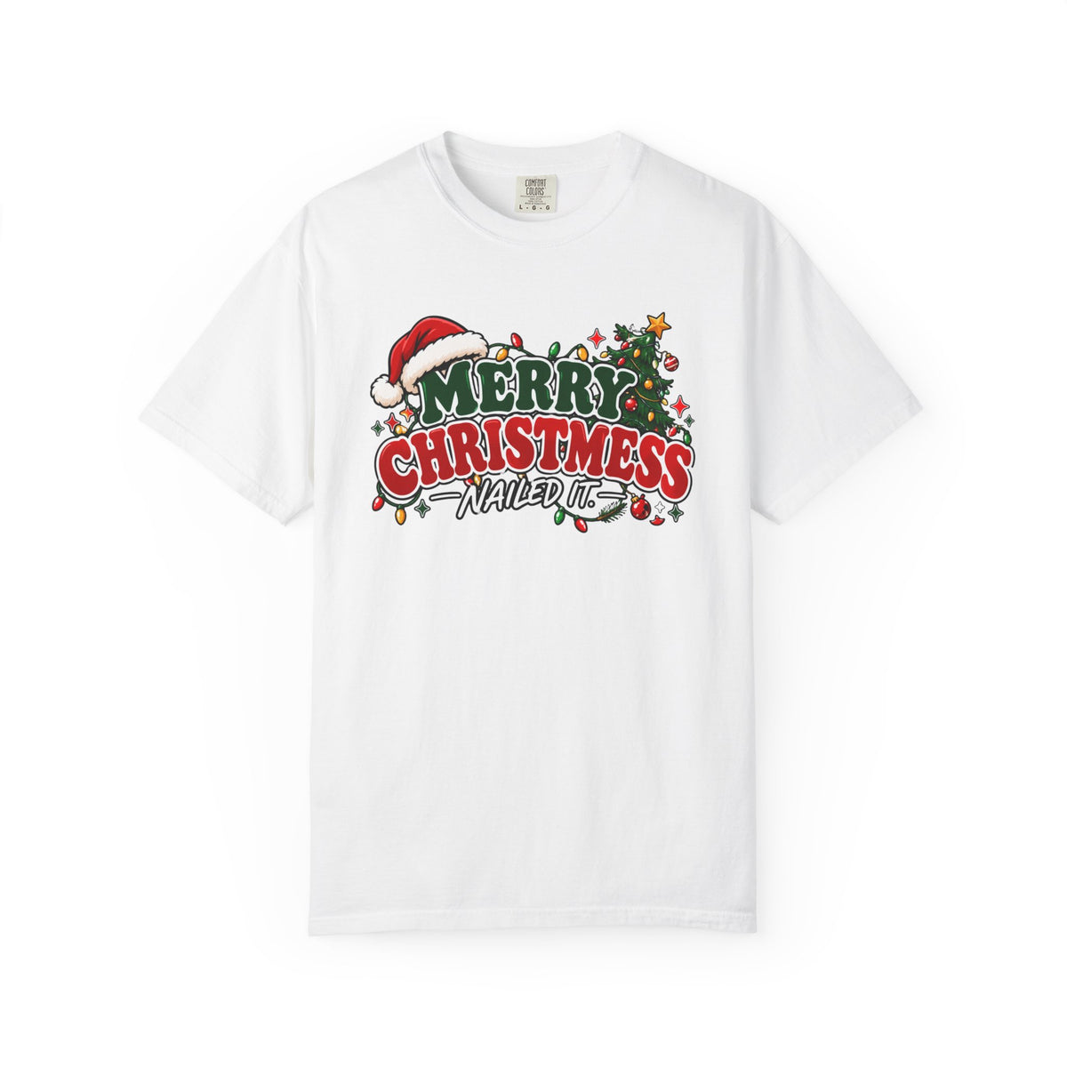 White crew-neck Christmas T-shirt with “Merry Christmas” graphic and festive ornaments