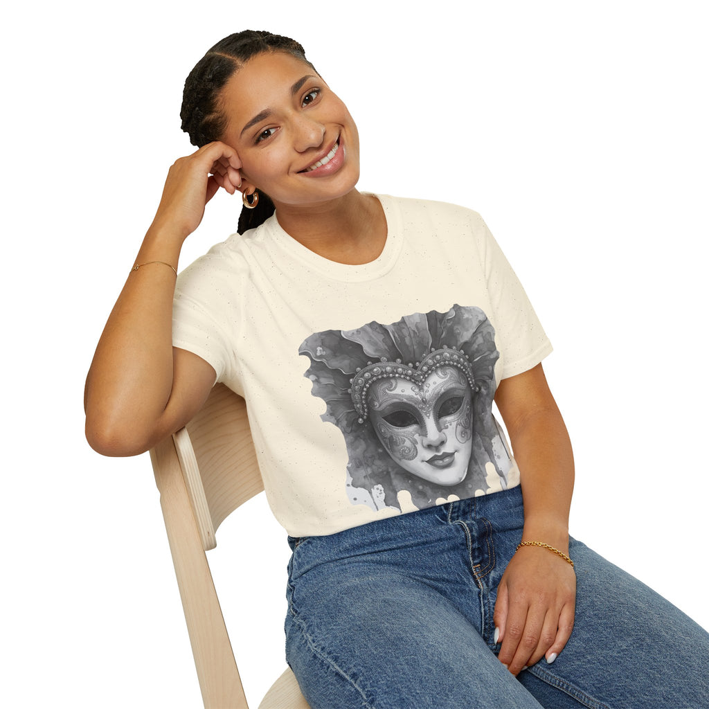 White crew-neck face mask graphic t-shirt with short sleeves
