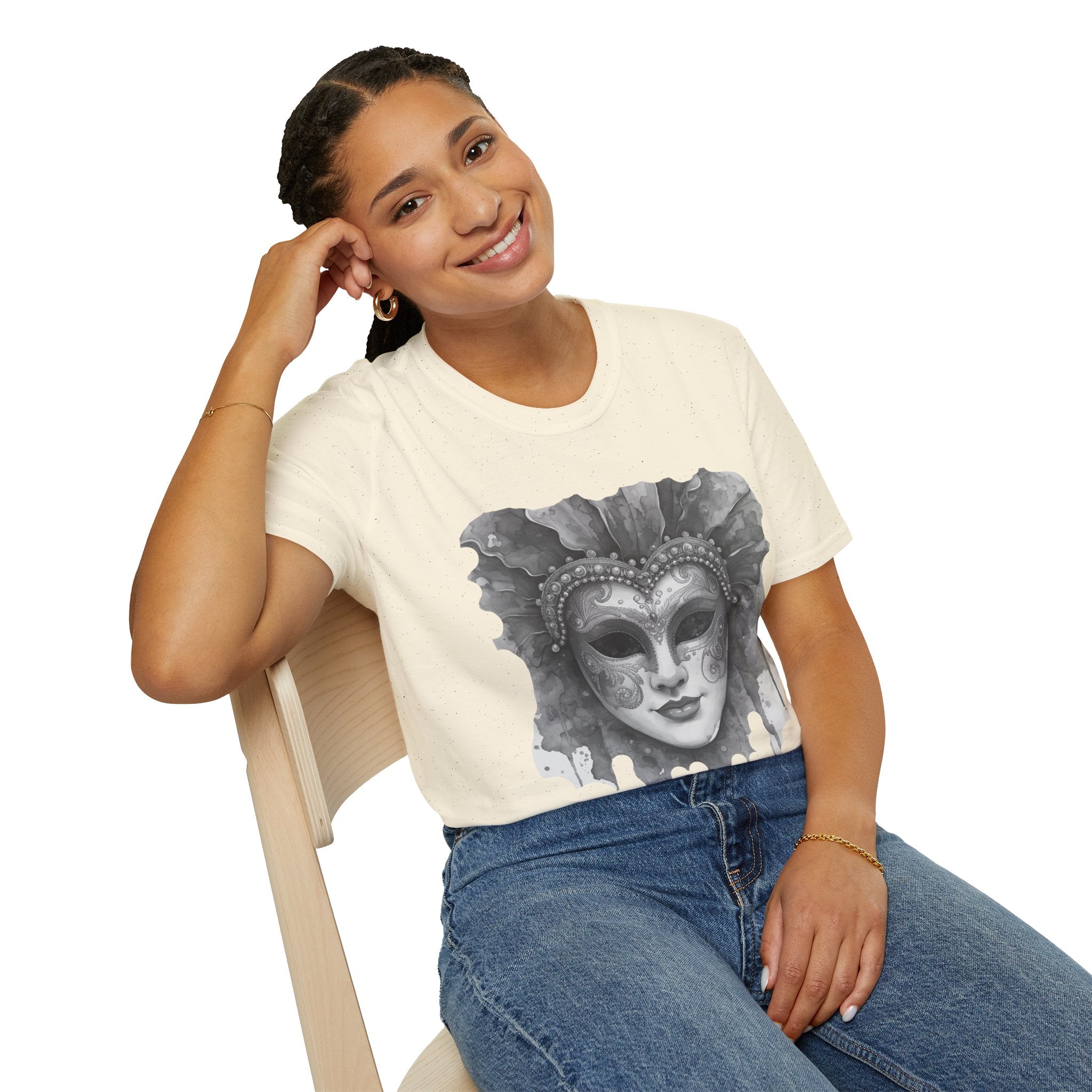 White crew-neck face mask graphic t-shirt with short sleeves