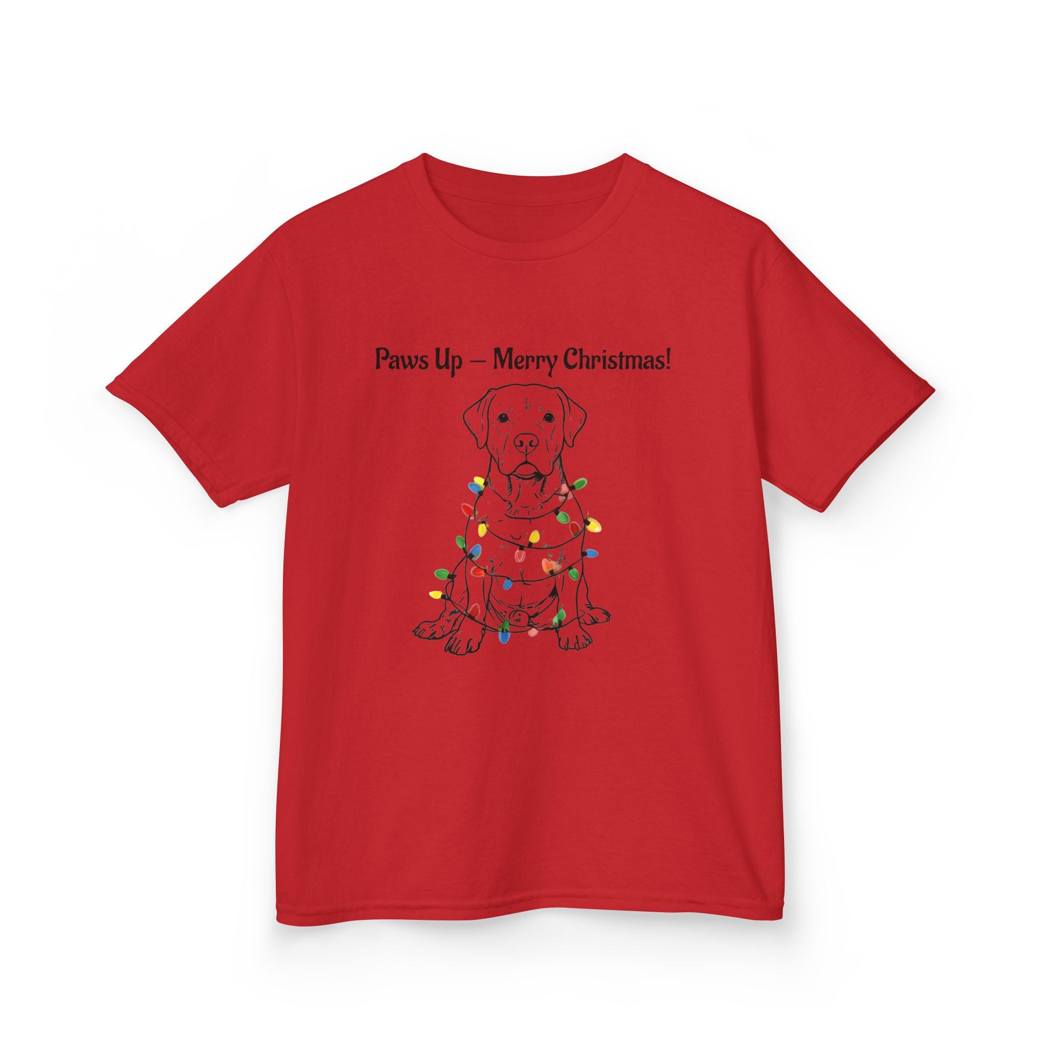 Kids red T-shirt with puppy wrapped in colorful Christmas lights graphic