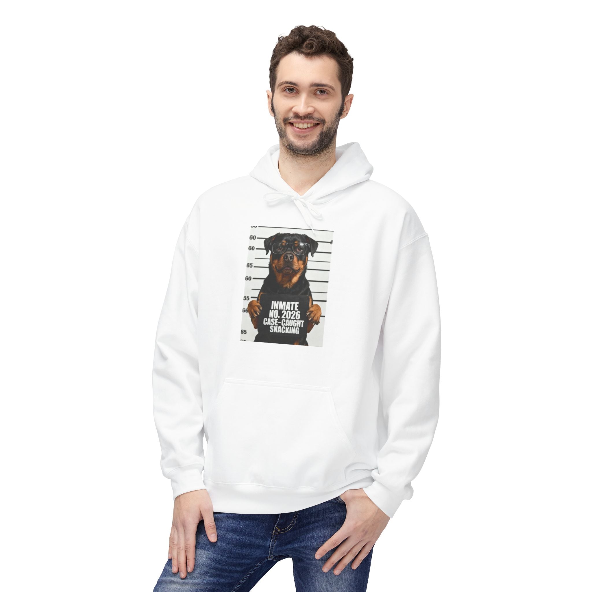 White hoodie worn by a model, with front rottweiler graphic print