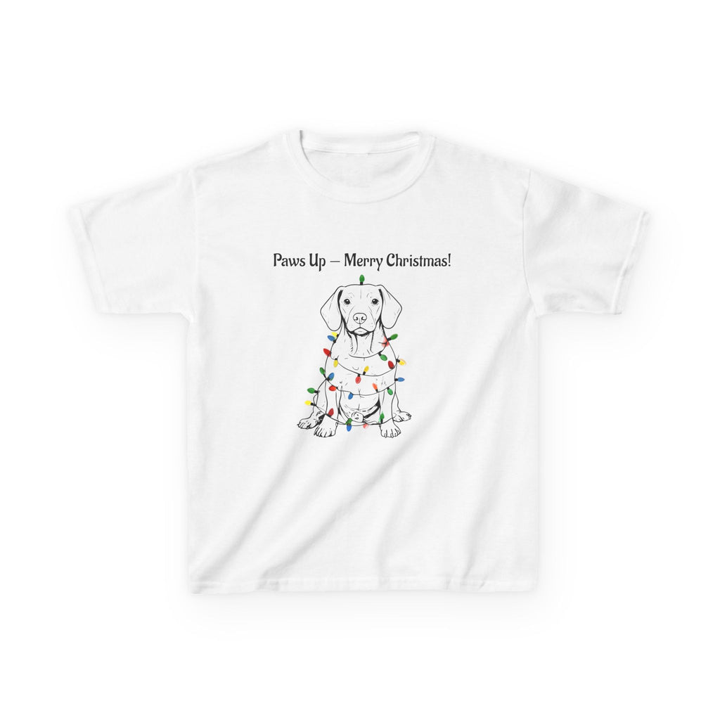 Kids white tee with puppy in holiday lights and 'Paws Up — Merry Christmas!'