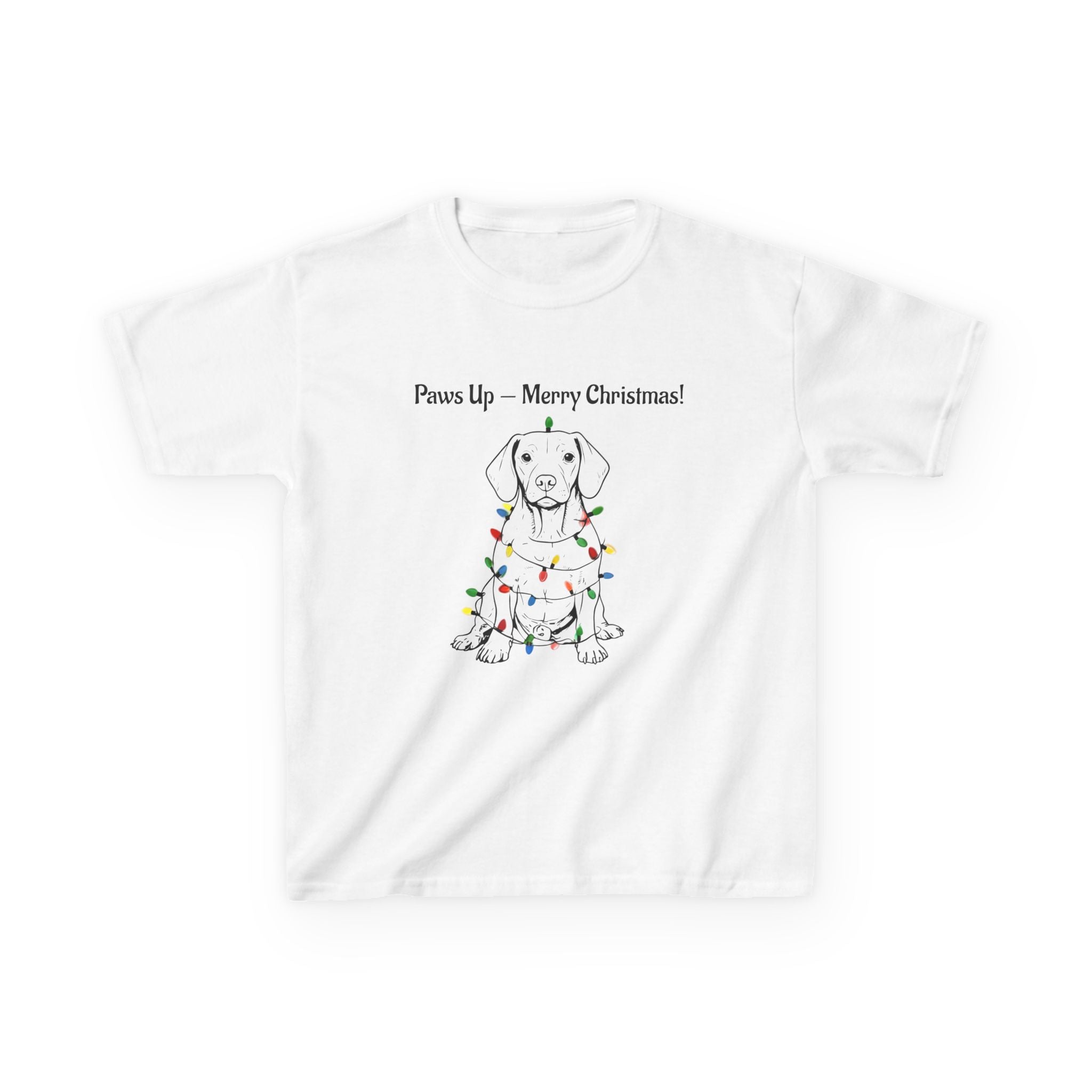 Kids white tee with puppy in holiday lights and 'Paws Up — Merry Christmas!'