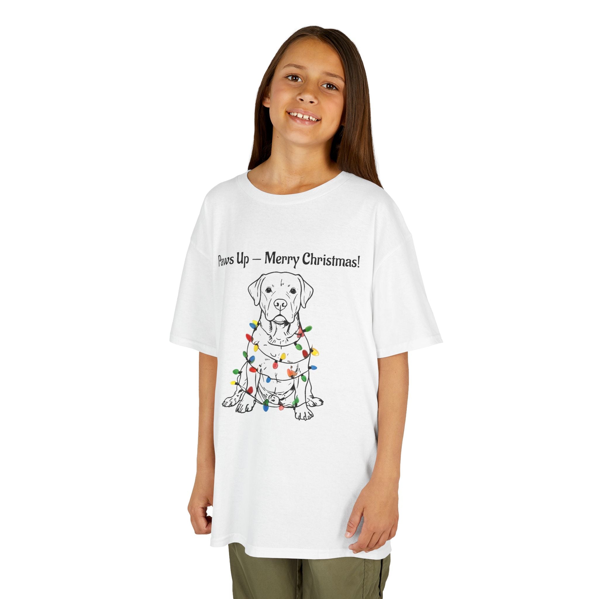 Kids white tee on child model, dog Christmas lights graphic at chest.