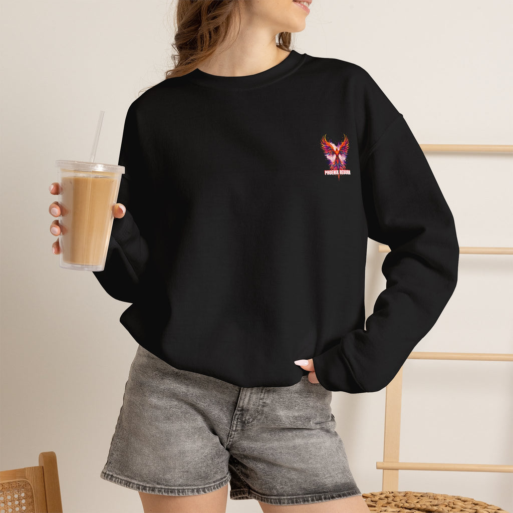 Black crewneck sweatshirt with small phoenix bird graphic on chest