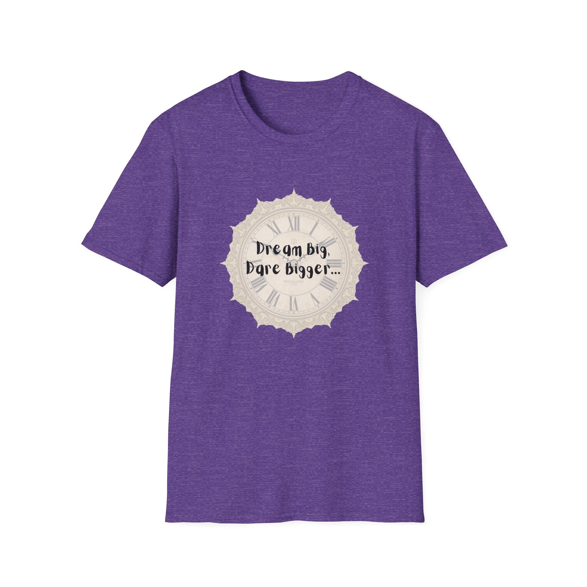 Heather purple graphic T-shirt with “Dream big, Dare bigger...” slogan emblem print