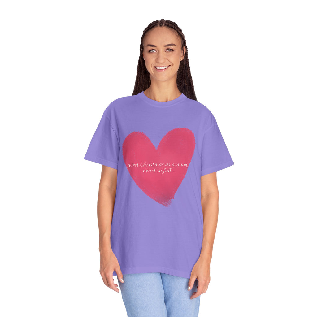 Purple women’s T-shirt with red heart brushstroke graphic and “heart so full” text