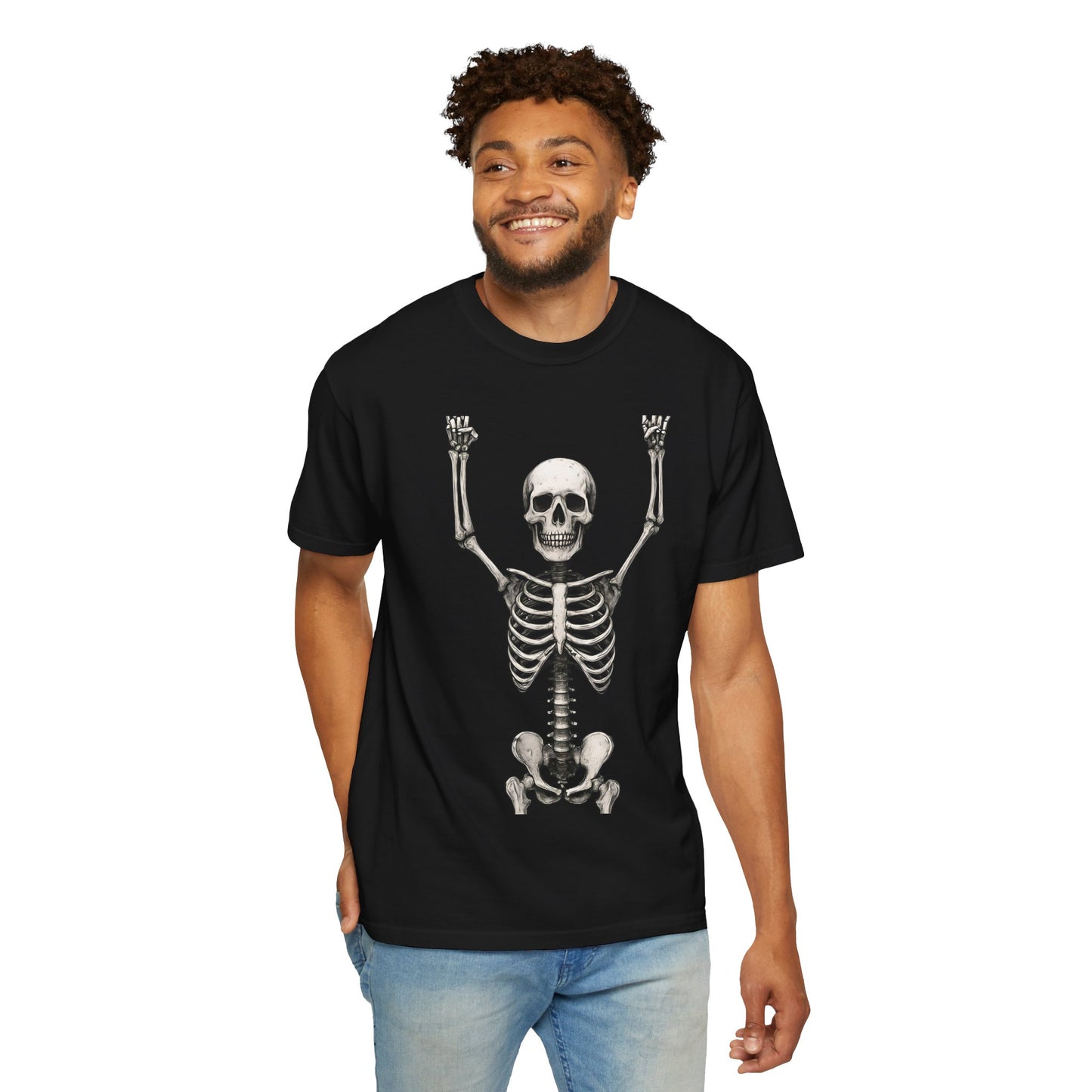 Hands Up Skeleton Graphic T-shirt, Unisex Vintage Tee for Halloween, Casual Wear, Skeleton Art, Gift for Spooky Lovers, Festival Apparel