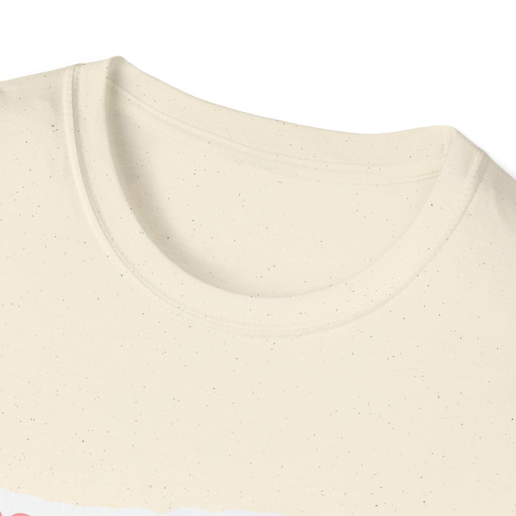 Unisex T-shirt close-up: off-white/natural crew neck collar with speckled fabric