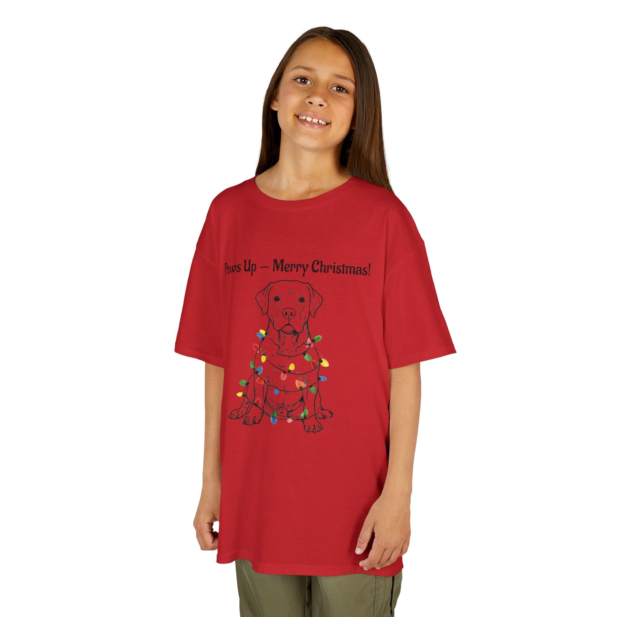 Kids red T-shirt worn by child; puppy in colorful Christmas lights graphic