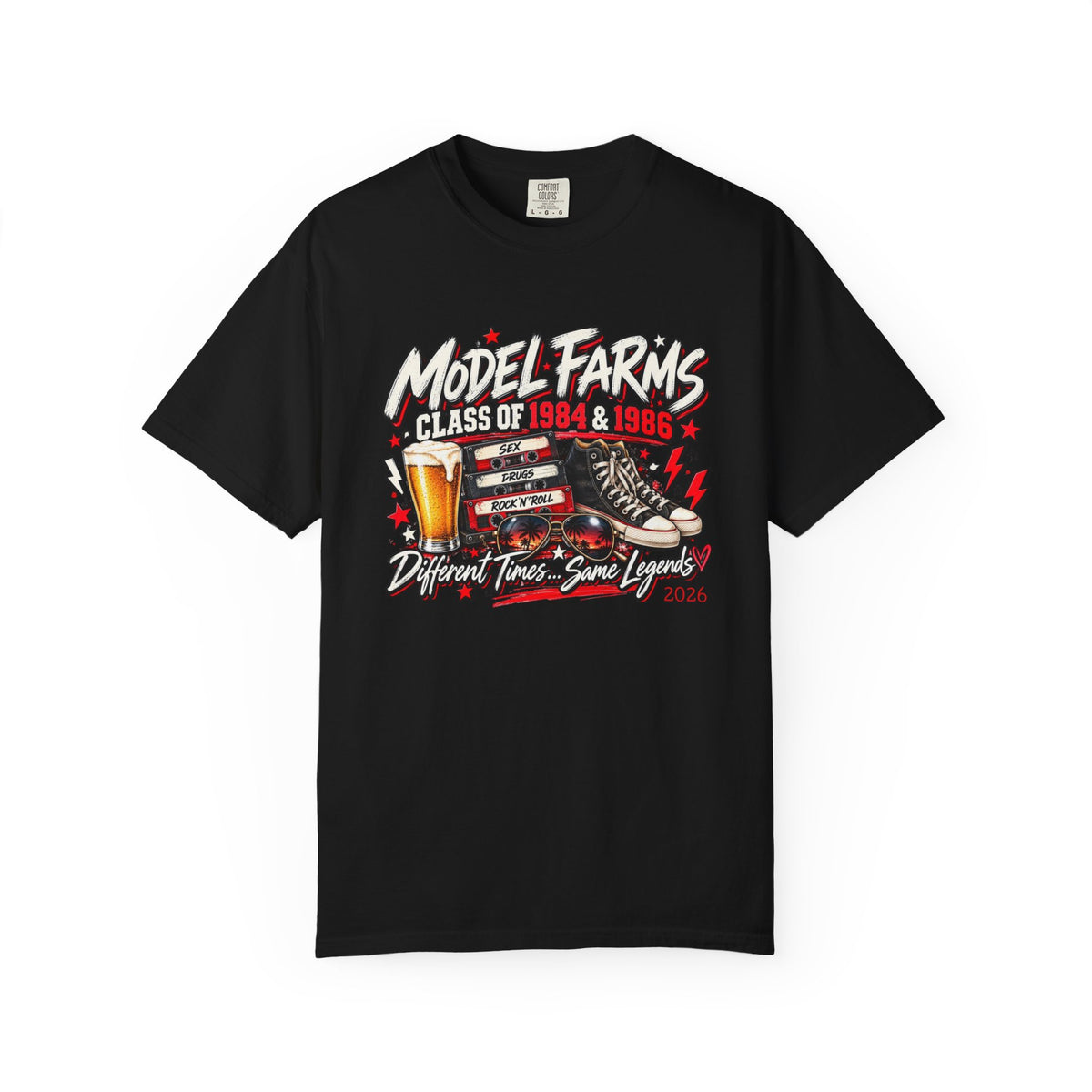 Black crewneck T-shirt with centered retro “Model Farms” class graphic logo print