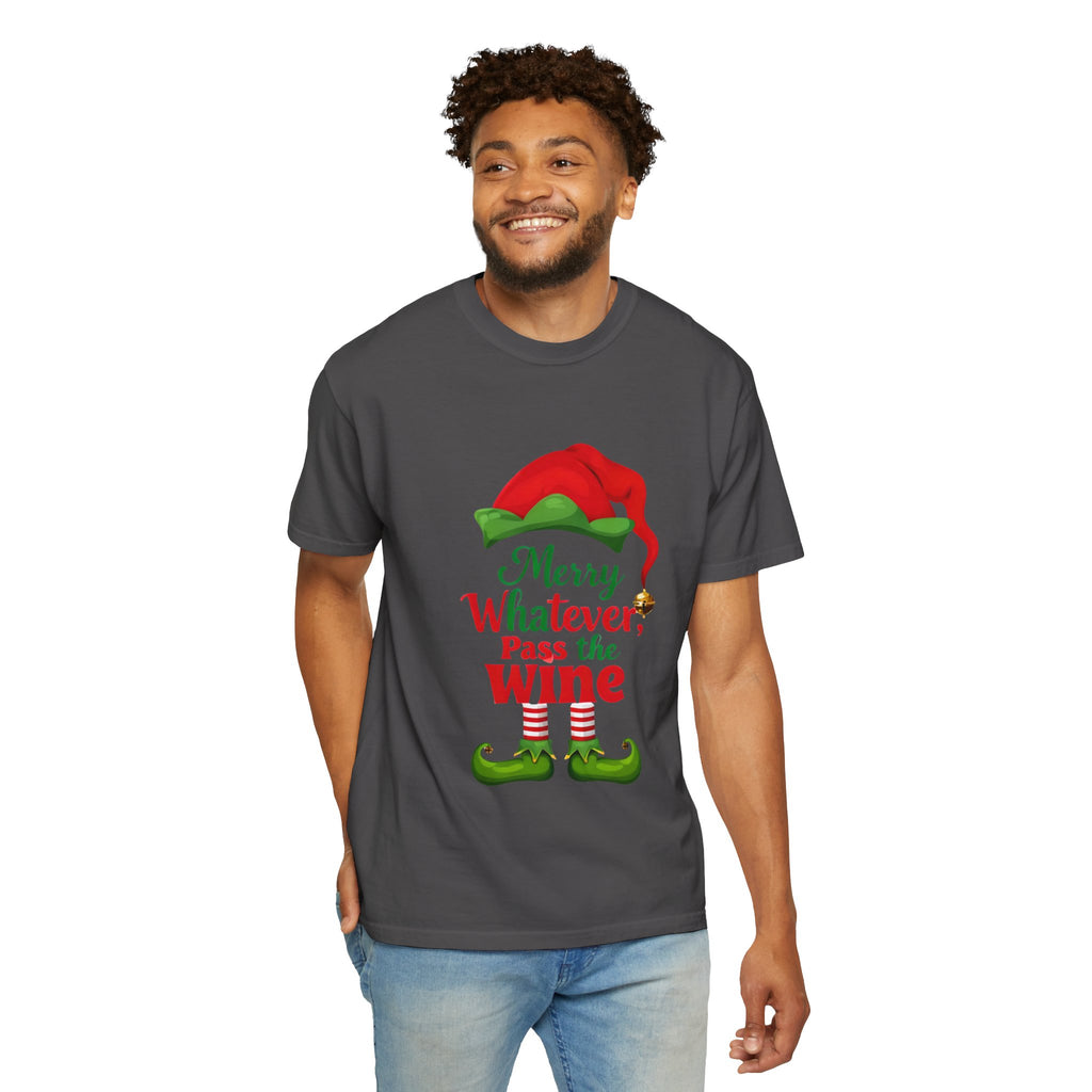 Charcoal crew-neck T-shirt on model with elf “Merry Whatever, Pass the Wine” graphic
