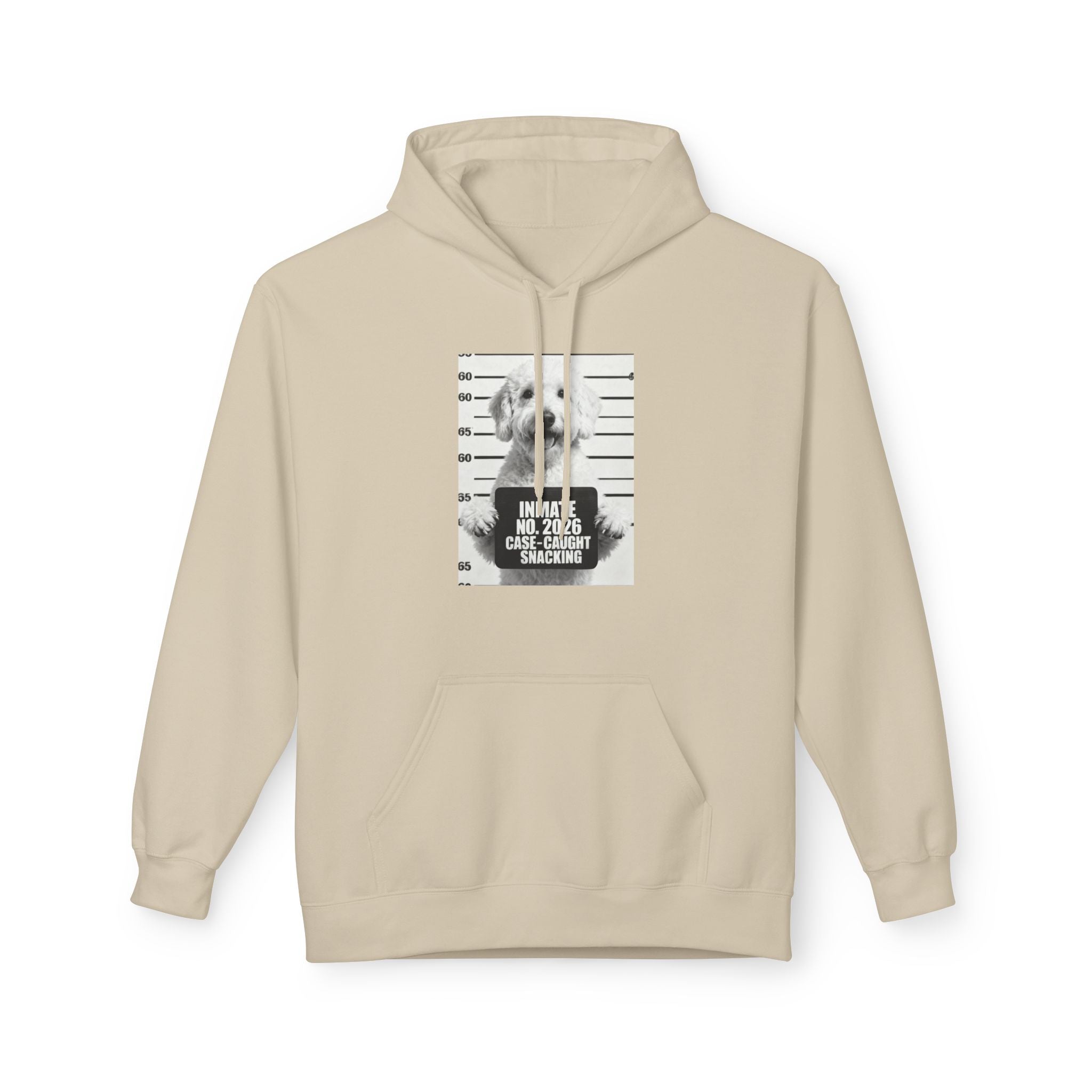 Sand hoodie with front dog mugshot graphic, kangaroo pocket, and drawstring hood