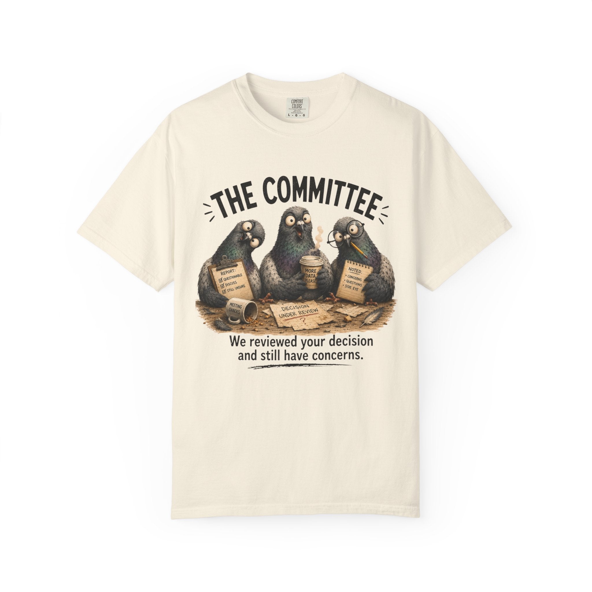 Ivory T-shirt with 'The Committee' pigeon reviewers graphic on front