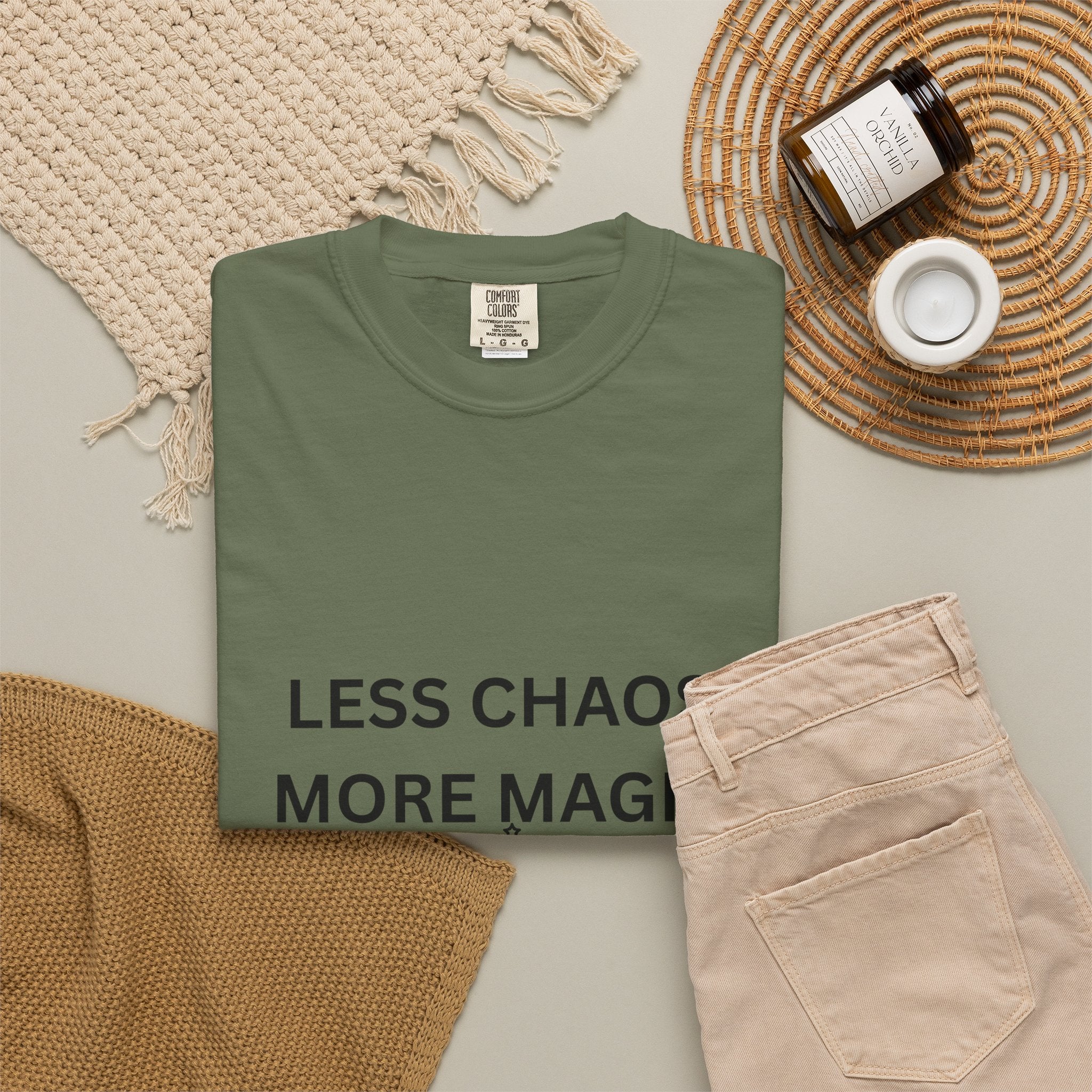 Less Chaos, More Magic T-Shirt — Crescent Moon + Stars Graphic Tee