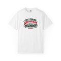 White T-shirt with 'My First Christmas as a Mummy 2026' colorful graphic