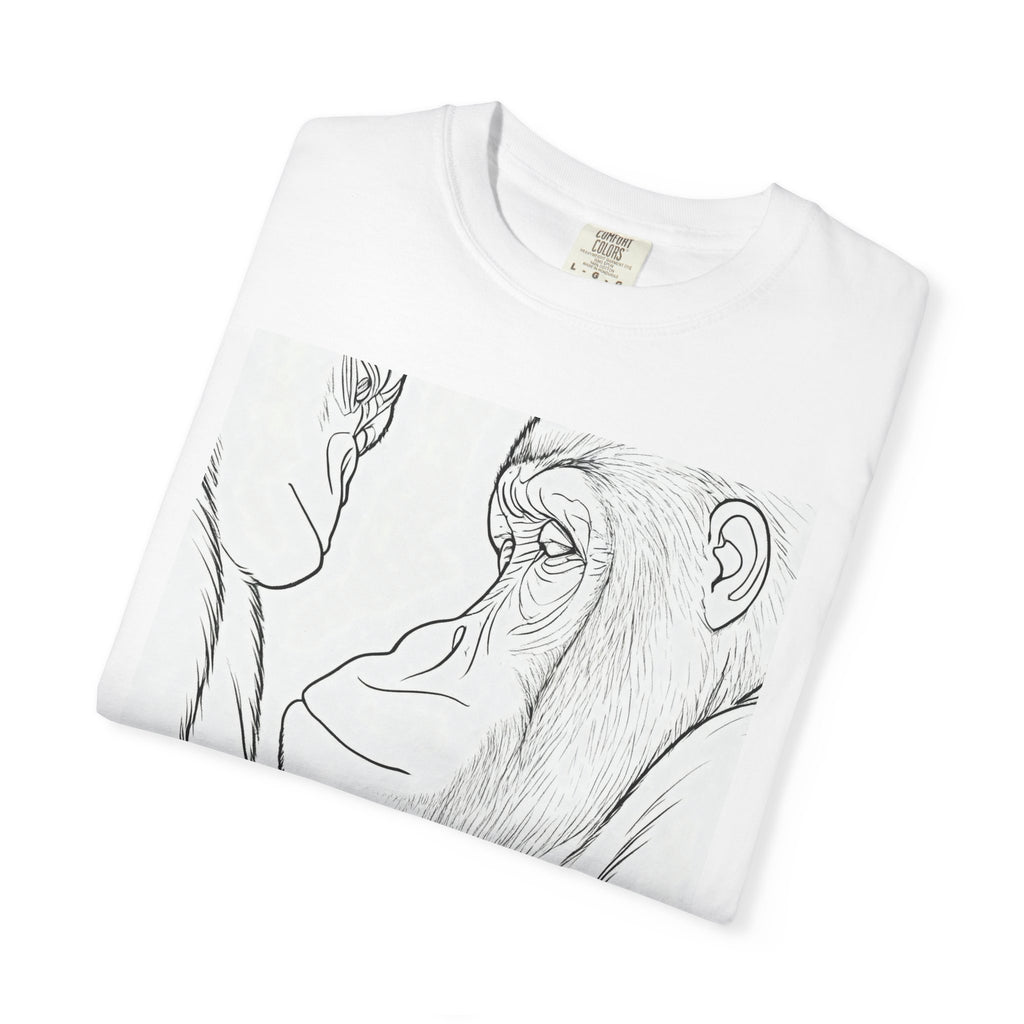 White crewneck T-shirt with black gorilla sketch portrait graphic