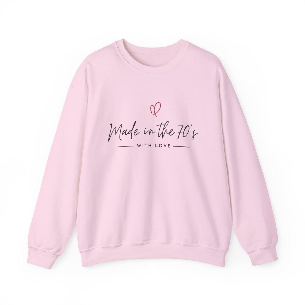 Light pink crewneck sweatshirt with 'Made in the 70's' 'with love' graphic