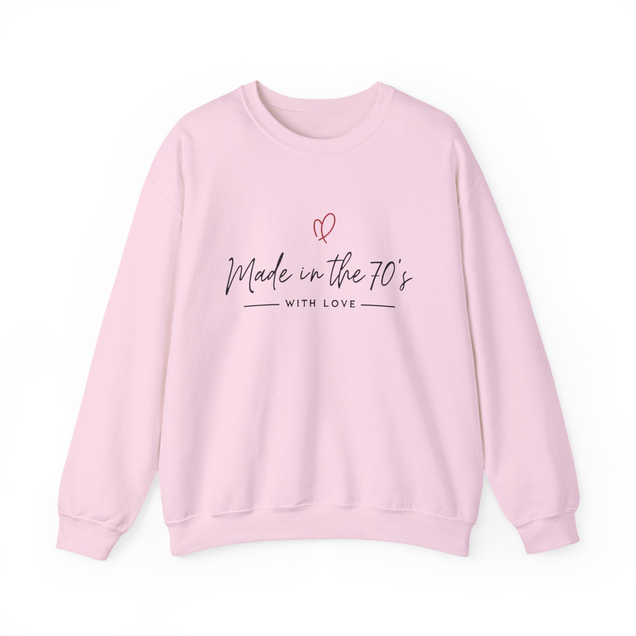 Light pink crewneck sweatshirt with 'Made in the 70's' 'with love' graphic