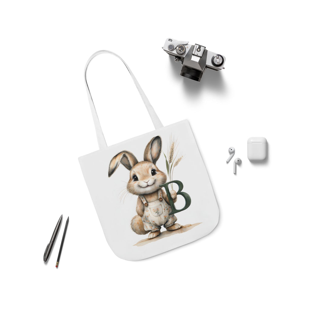 Bunny canvas tote bag with white strap, rabbit graphic on white front panel