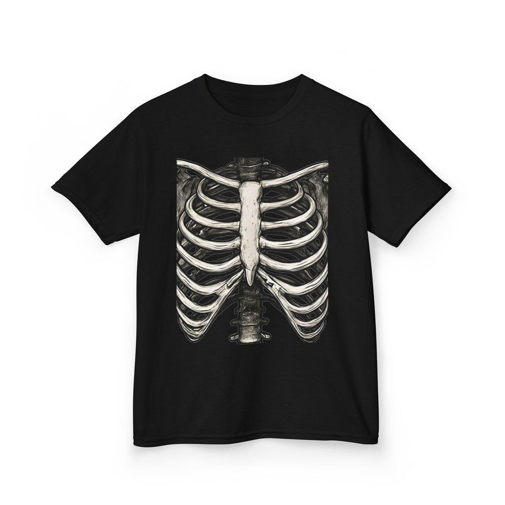 Black kids t-shirt with skeleton ribcage graphic print, short sleeves and crew neck