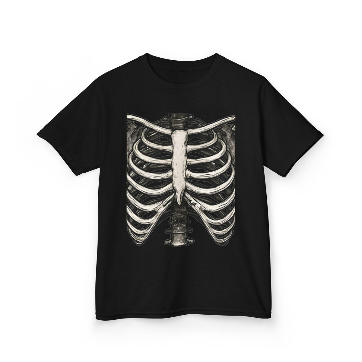 Black kids t-shirt with skeleton ribcage graphic print, short sleeves and crew neck