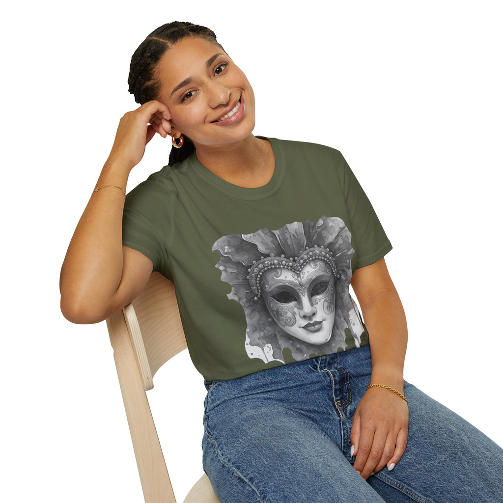 Olive green crew-neck face mask graphic t-shirt, short sleeves