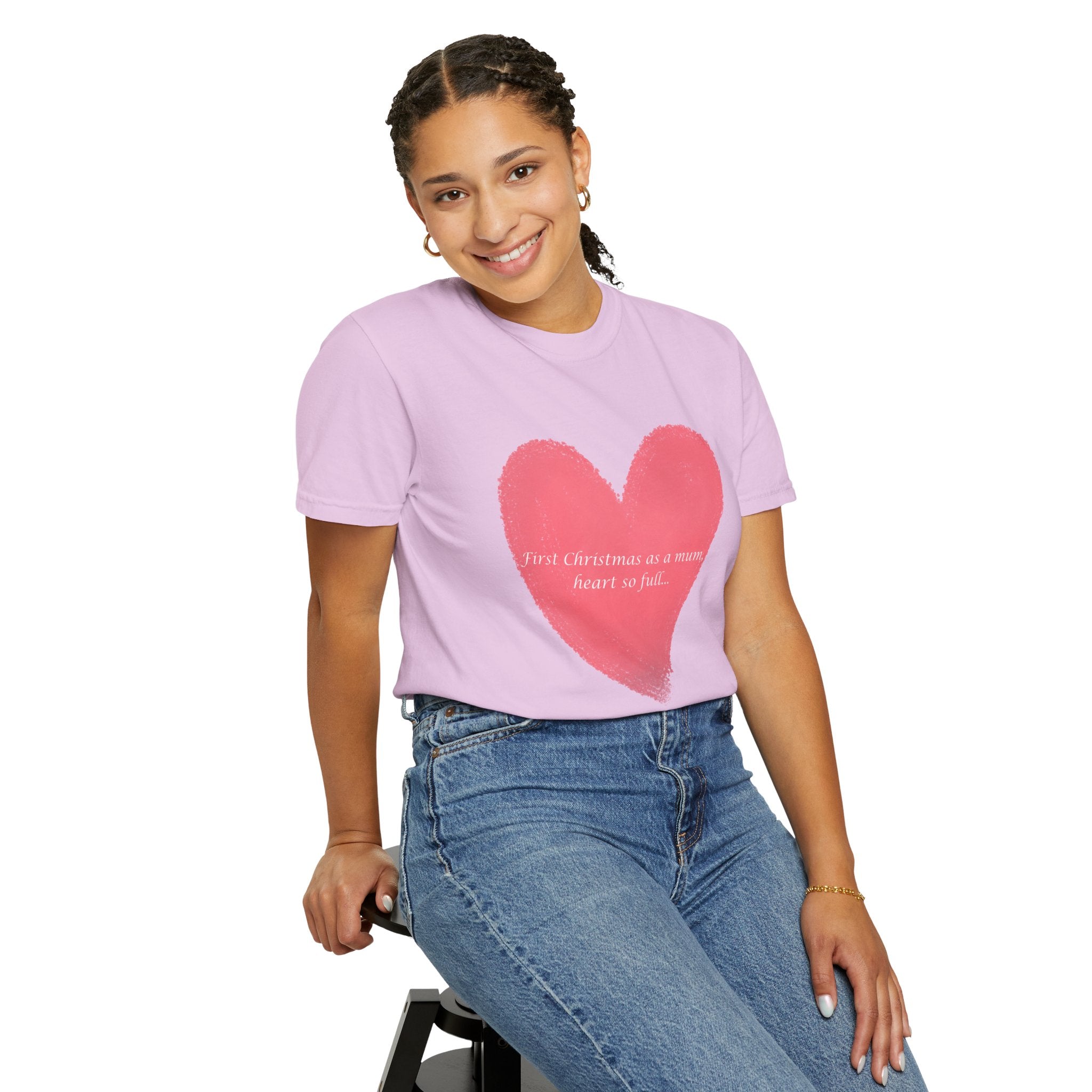 Mauve T-shirt with pink heart brushstroke graphic and cursive “First Christmas as a mum” text