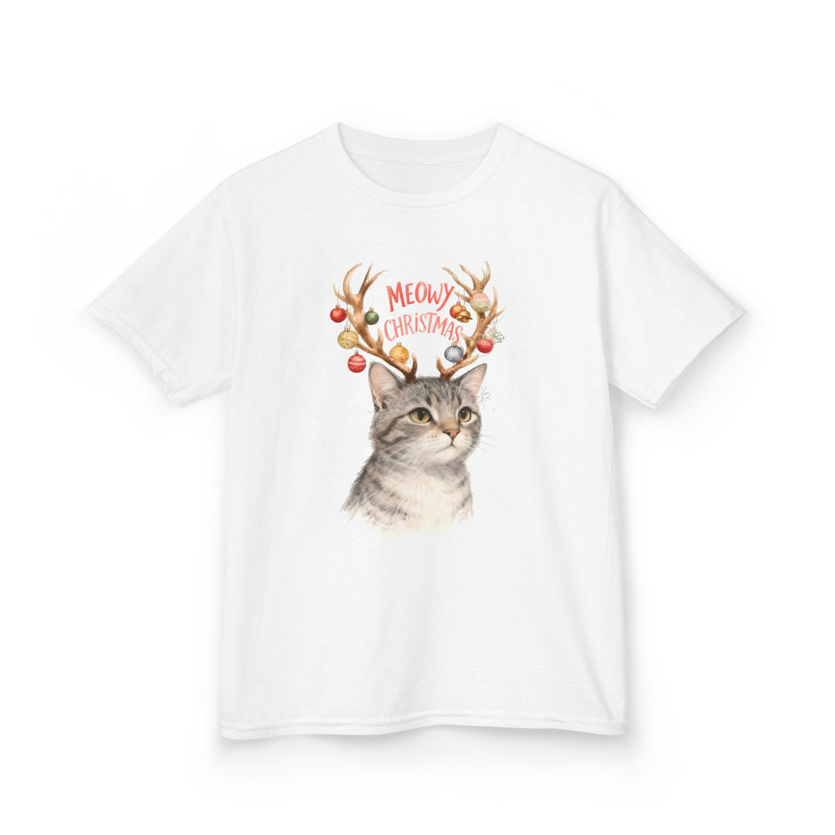 White kids T-shirt with cat in reindeer antlers, 'Meowy Christmas' print