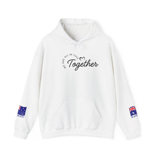 Unisex Australia ONE Map Hoodie — "All In This Together" Patriotic Pullover, Sleeves and Back design