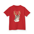 Kids Christmas Cat T‑Shirt — “Meowy Christmas” Reindeer Antler Design