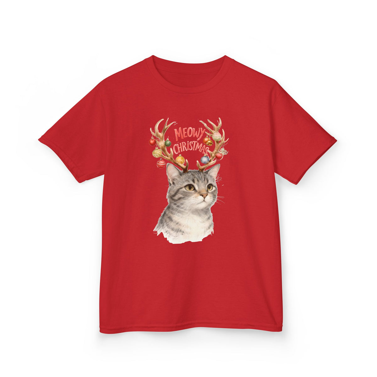 Kids Christmas Cat T‑Shirt — “Meowy Christmas” Reindeer Antler Design