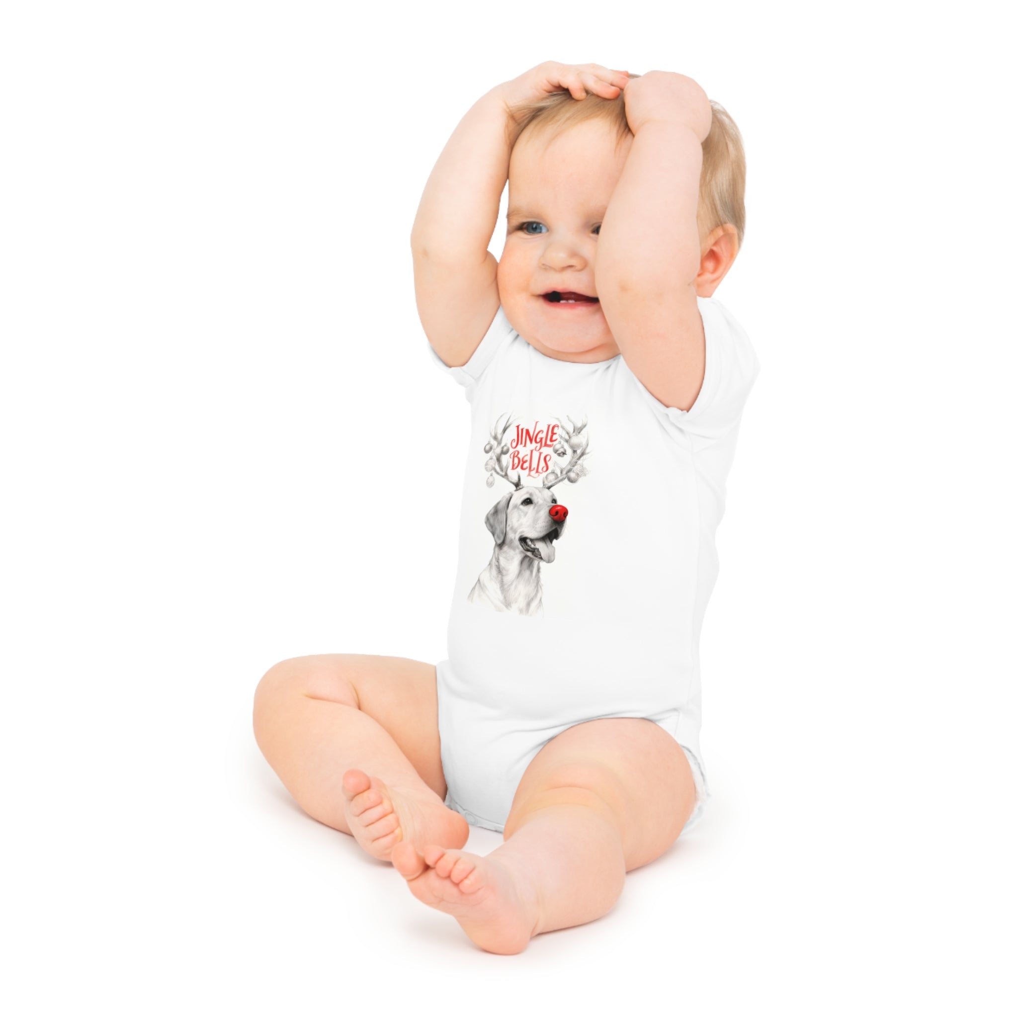 White baby bodysuit worn by baby, 'Jingle Bells' reindeer graphic, short sleeves