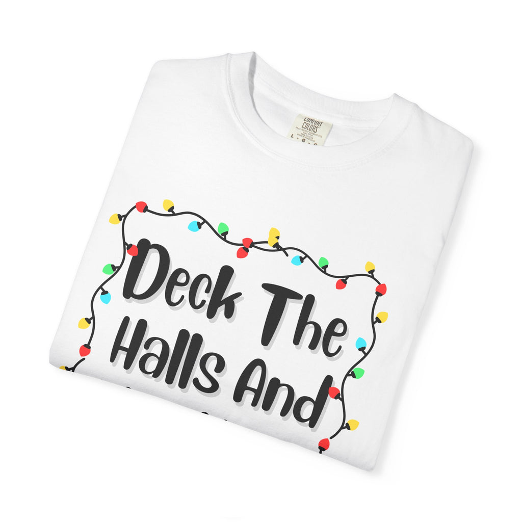 White Christmas T-shirt folded and angled, featuring holiday lights slogan
