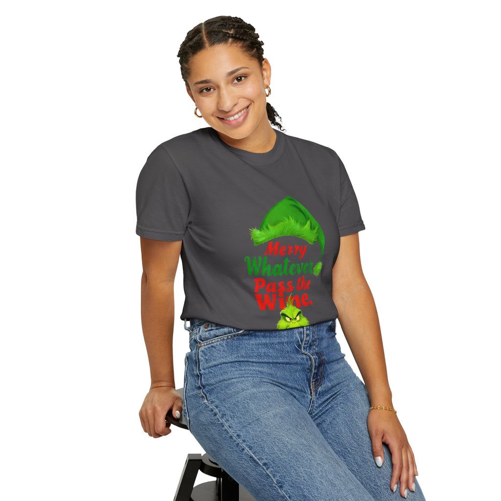 Graphite crew-neck T-shirt with green Santa hat 'Merry Whatever Pass the Wine' graphic