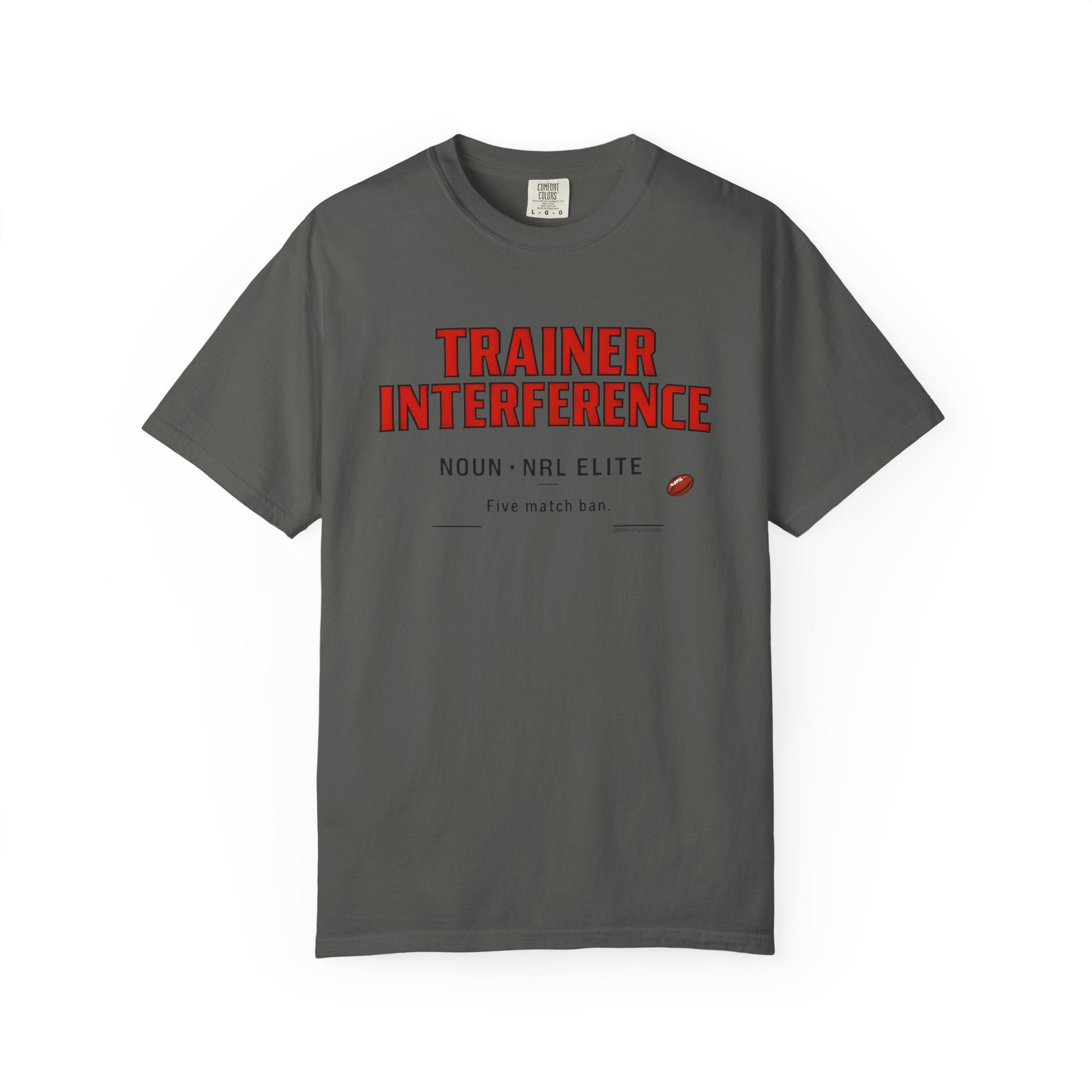 Charcoal grey graphic t-shirt with red 'TRAINER INTERFERENCE' front text print