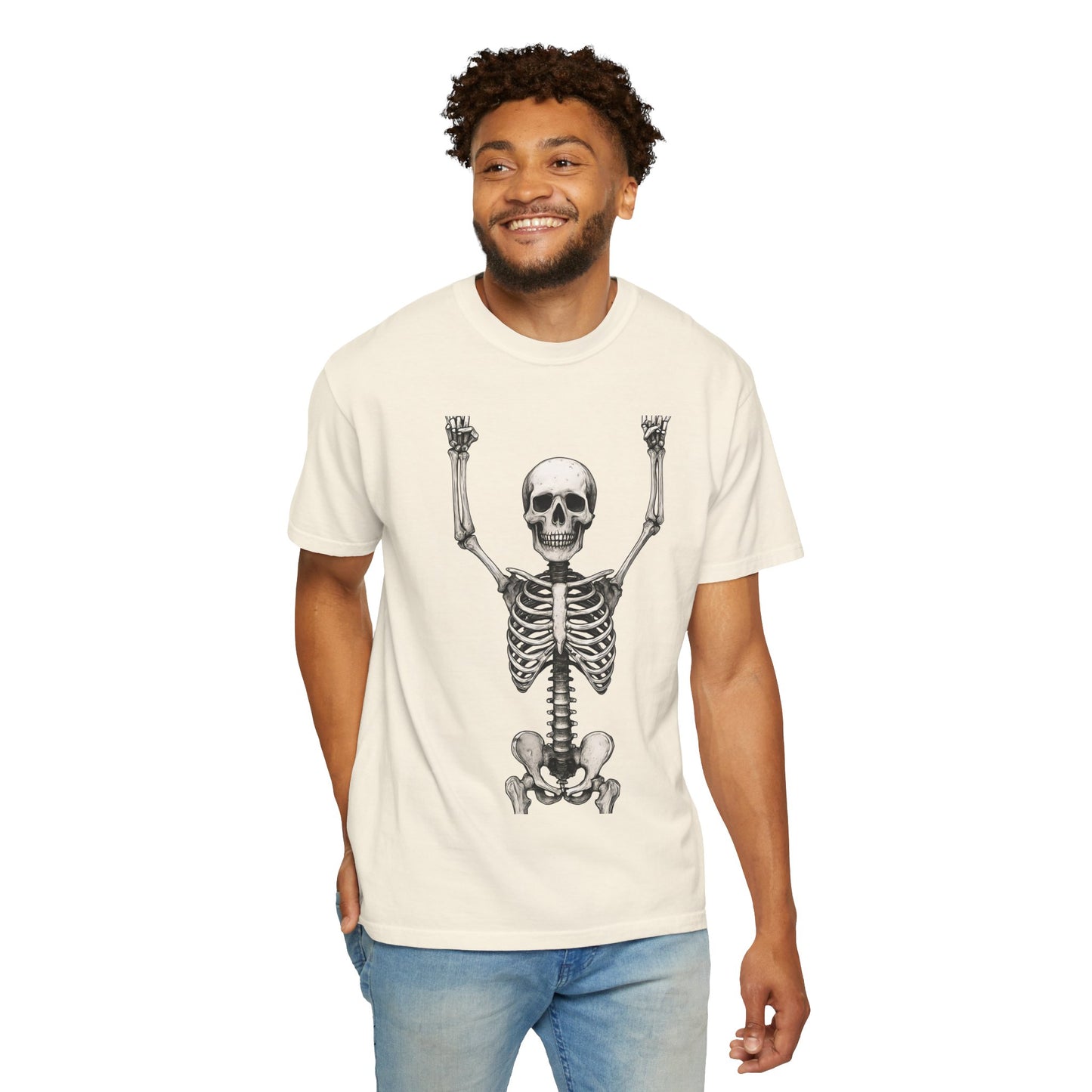 Hands Up Skeleton Graphic T-shirt, Unisex Vintage Tee for Halloween, Casual Wear, Skeleton Art, Gift for Spooky Lovers, Festival Apparel