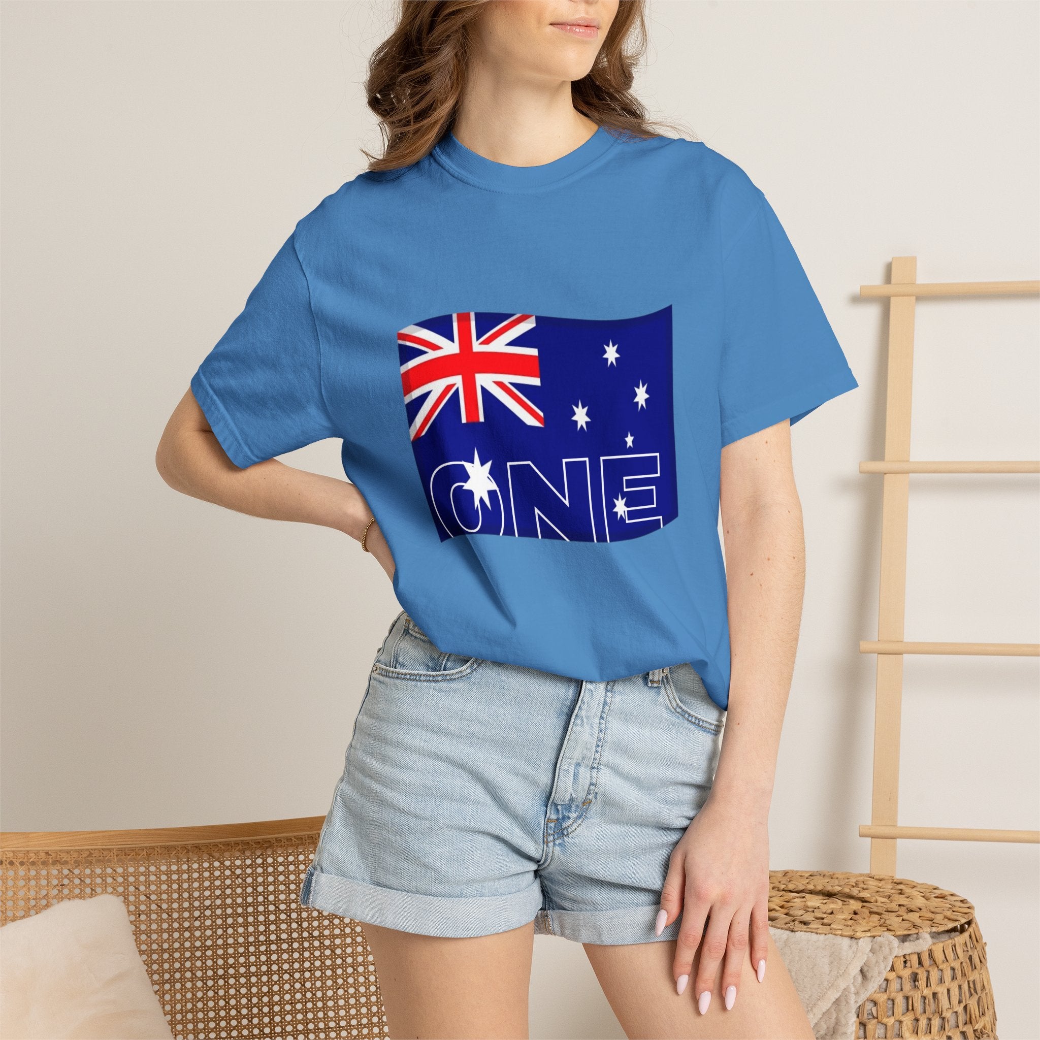 Royal blue graphic t-shirt with Australia flag and 'One' front print