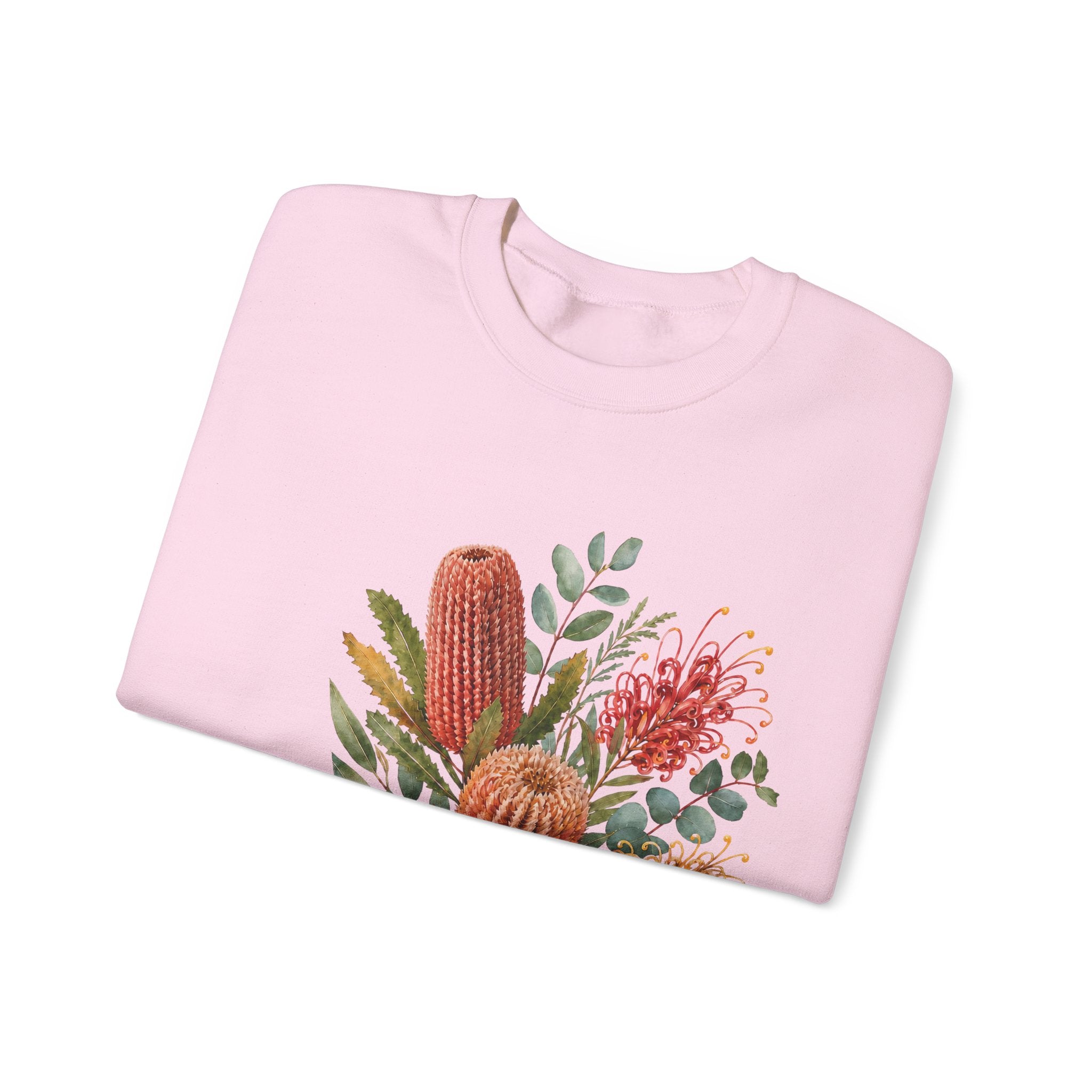 Light pink crewneck sweatshirt with colorful floral cactus graphic on chest