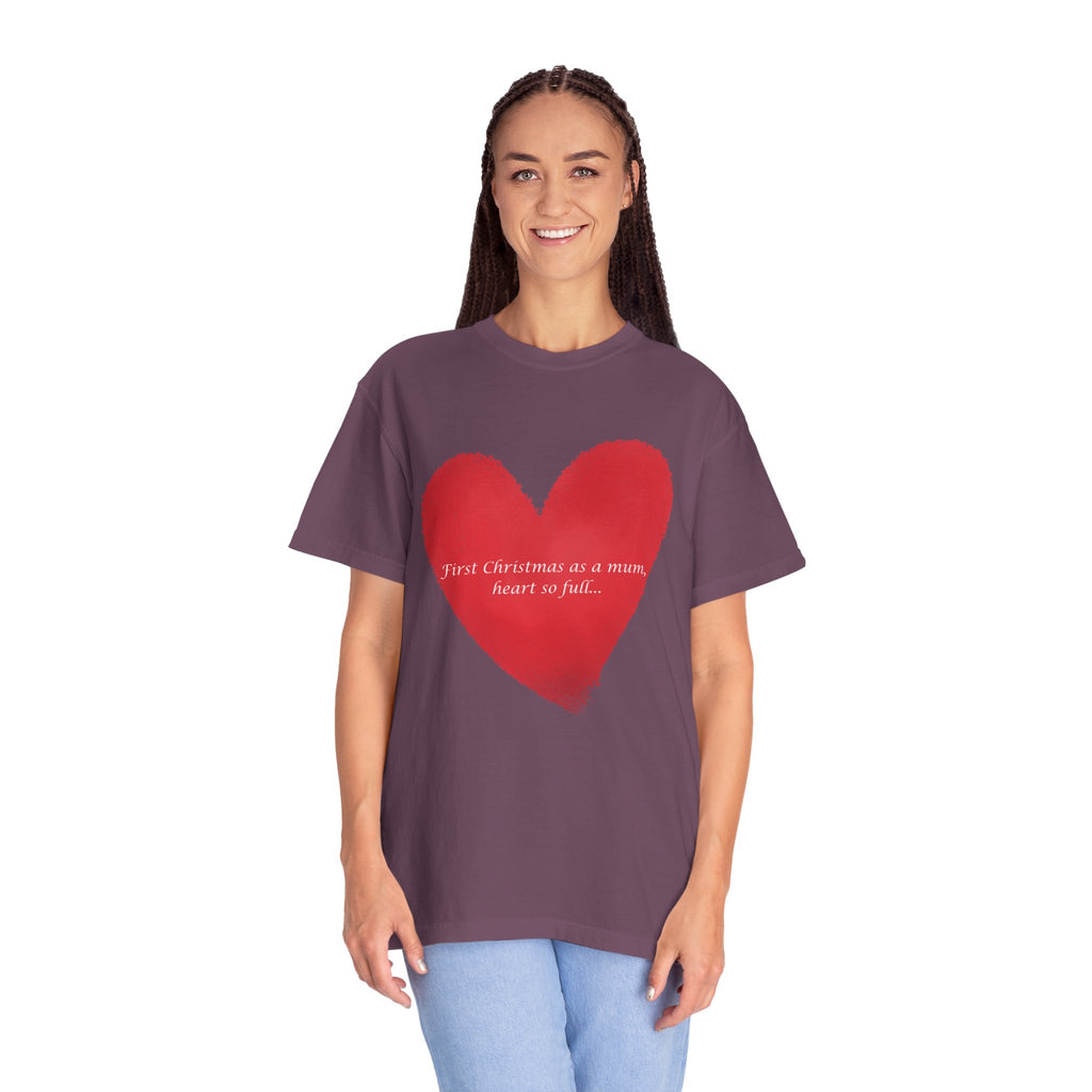 Grape-purple short-sleeve T-shirt with red painted heart graphic centered on chest