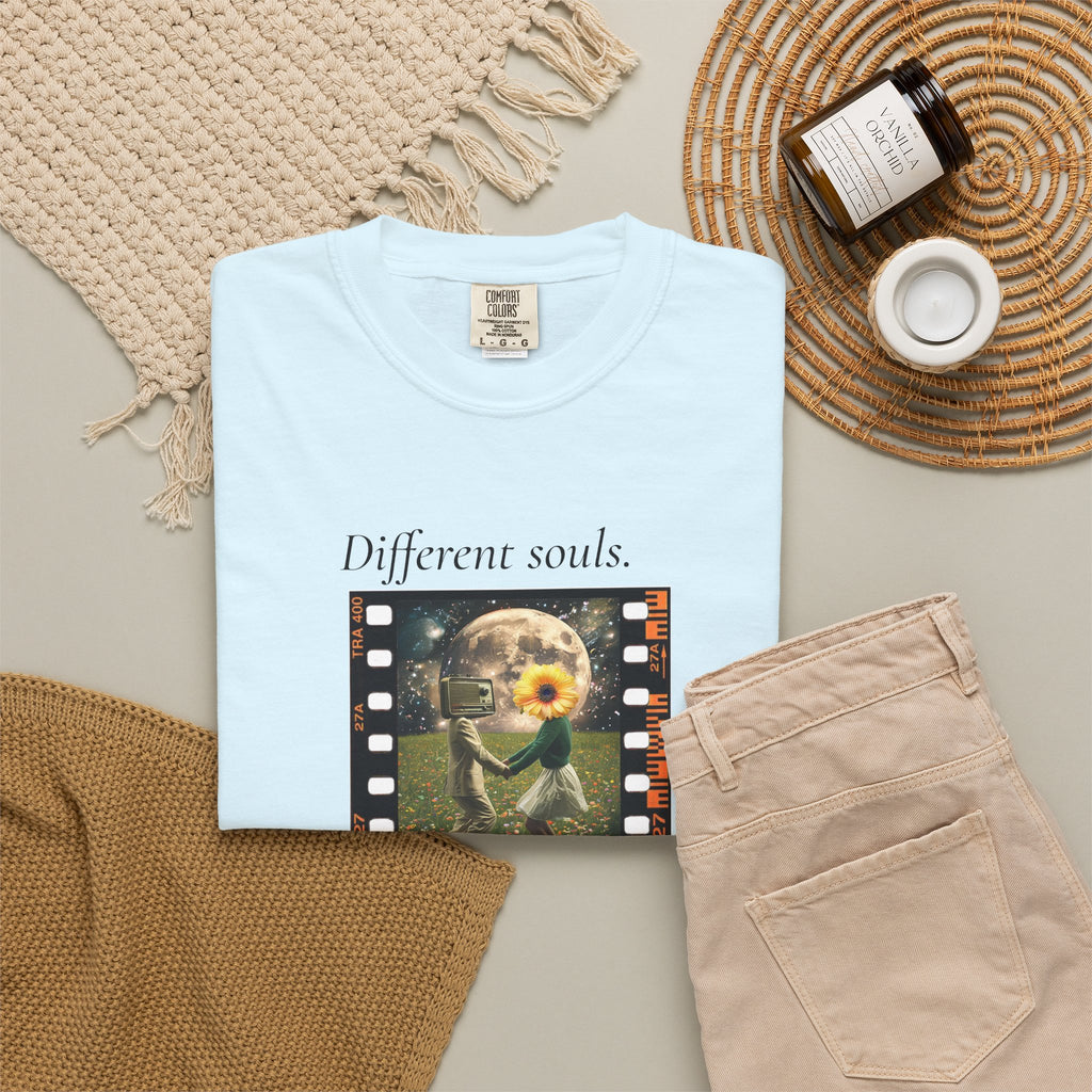 Light mint crew-neck graphic t-shirt with “Different souls” film-style artwork
