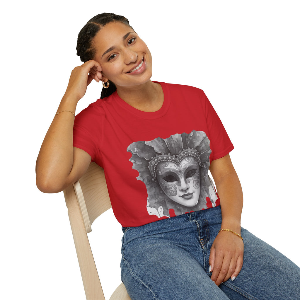 Red crewneck face mask graphic t-shirt with watercolor masquerade mask on front