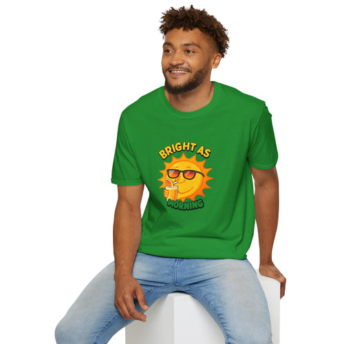 Green T-shirt with front graphic of smiling sun holding a drink; “BRIGHT AS MORNING”
