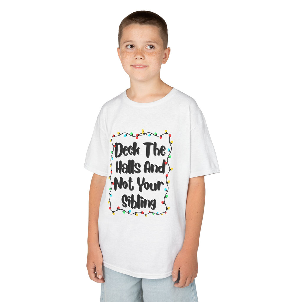 White kids T-shirt with colorful wreath light graphic and "Deck the Halls" text