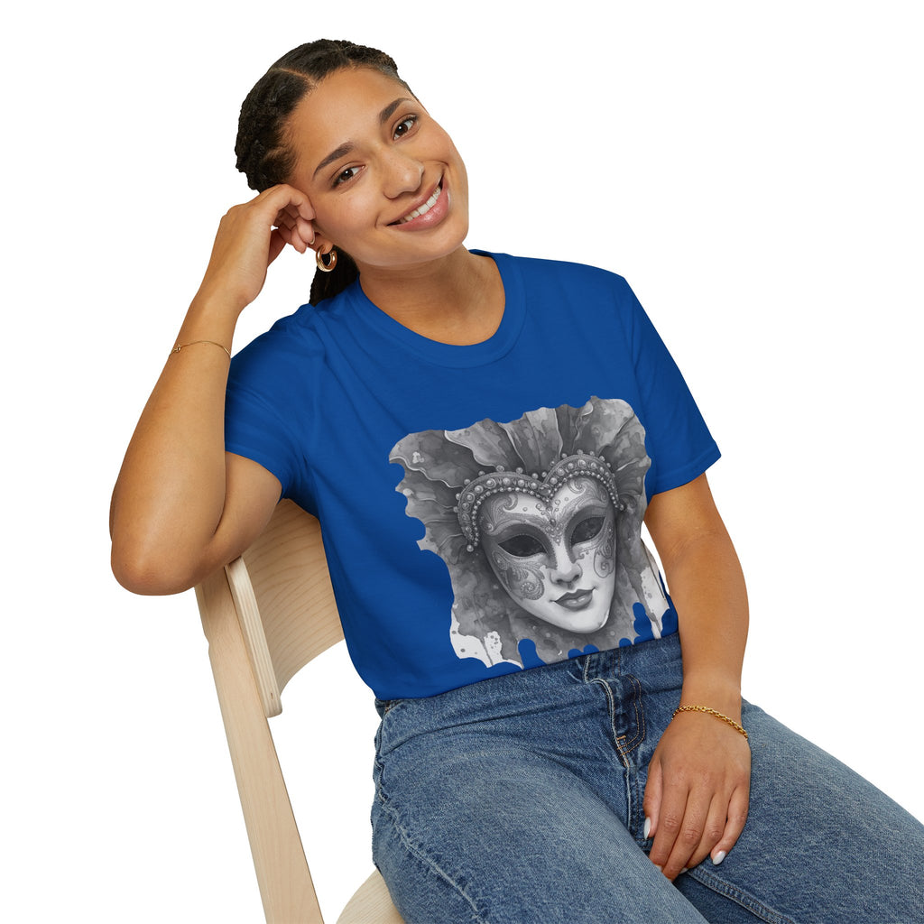 Royal blue face mask graphic T-shirt worn with jeans, crew neck short sleeve