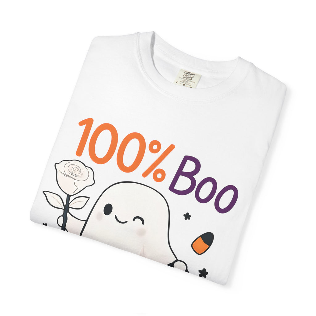 White Halloween graphic t-shirt, angled view showing “100% Boo” ghost face