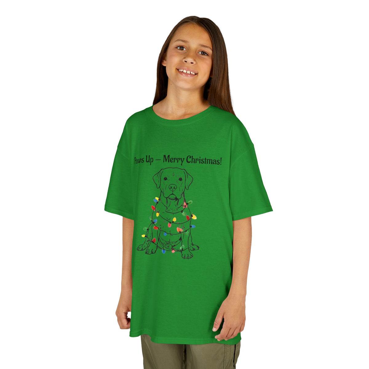 Kids green tee with dog in Christmas lights graphic, crew neck.